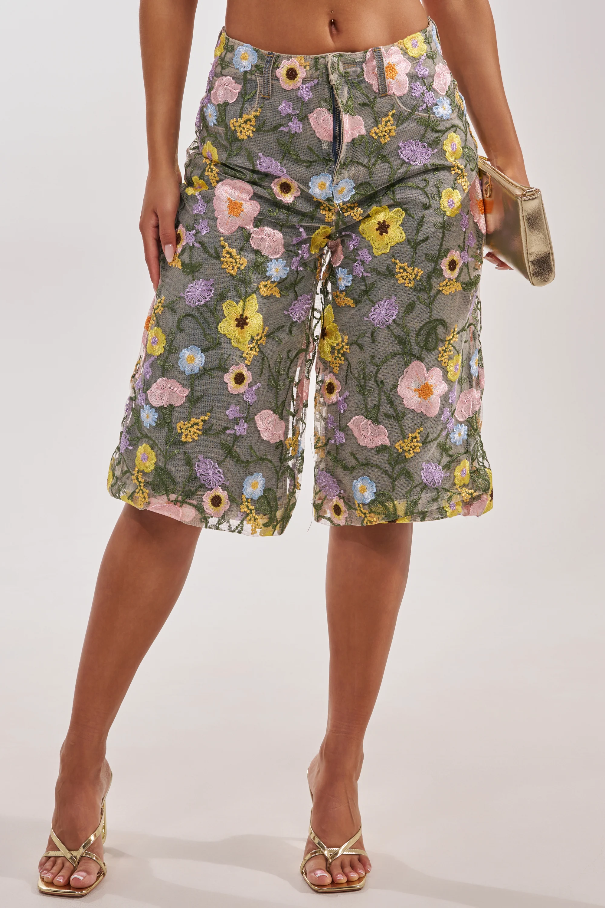 GARDEN PARTY STRETCH DENIM WITH FLORAL TULLE BERMUDA SHORTS - Image 5
