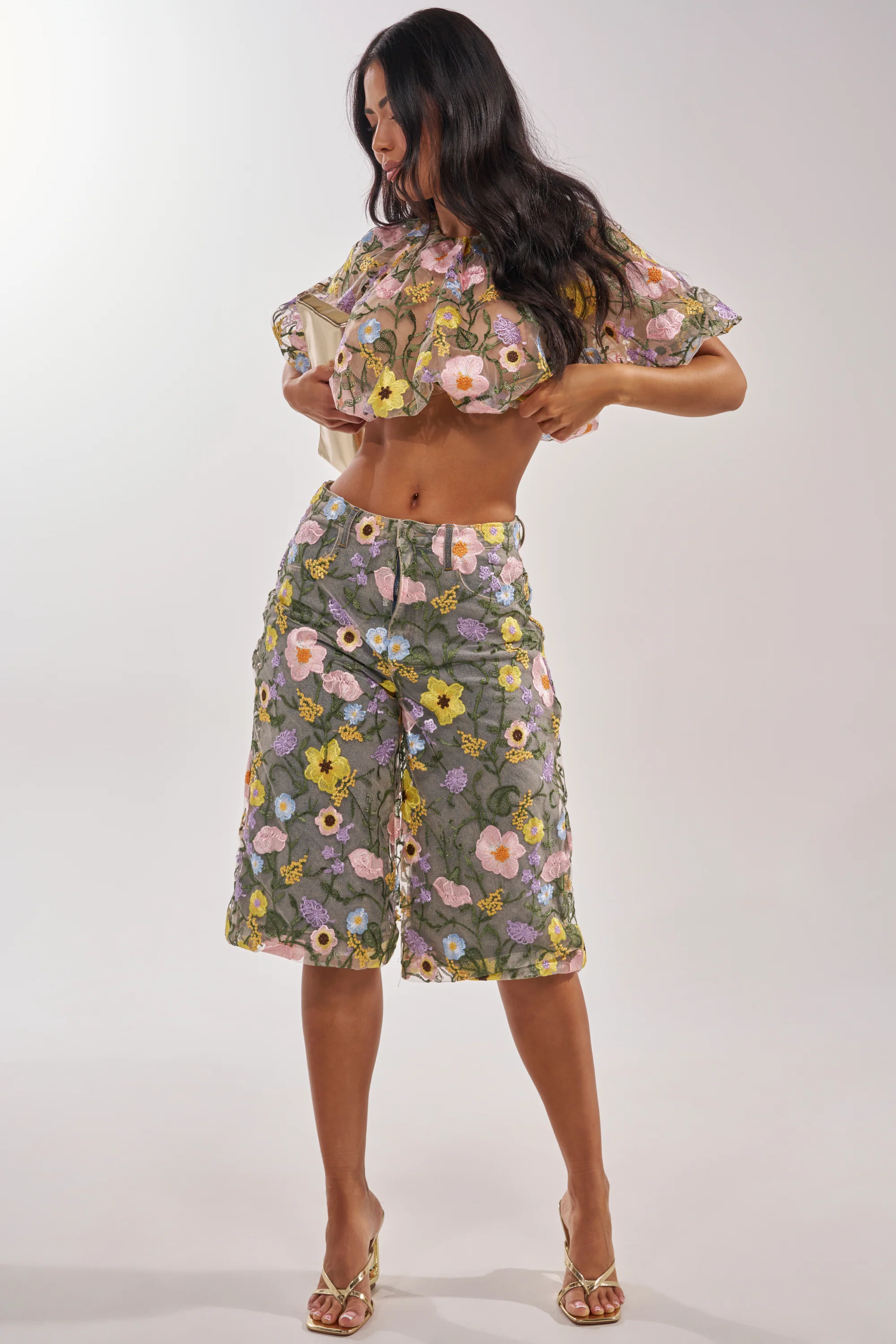 GARDEN PARTY STRETCH DENIM WITH FLORAL TULLE BERMUDA SHORTS - Image 8