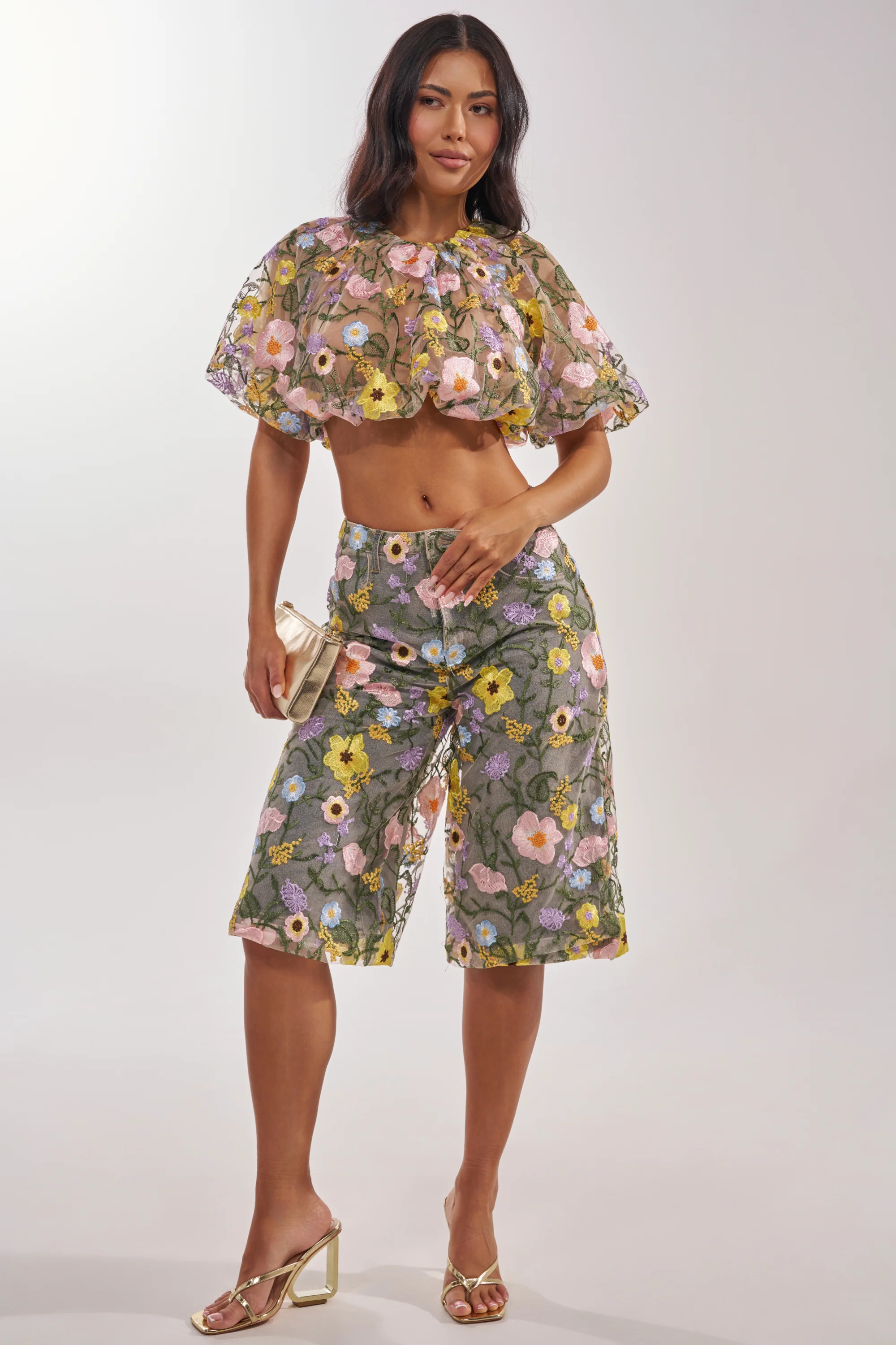 GARDEN PARTY STRETCH DENIM WITH FLORAL TULLE BERMUDA SHORTS - Image 9