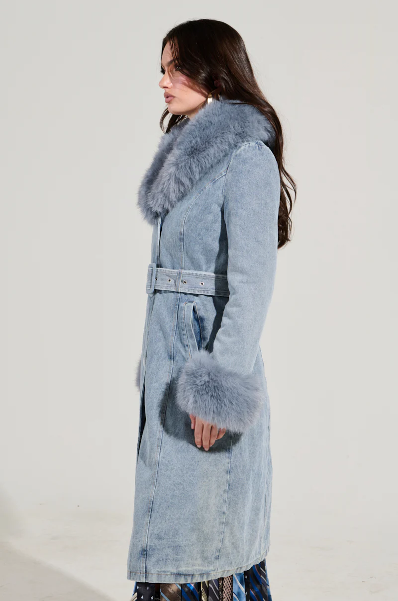 KAYA FUR TRIM TRENCH IN DENIM - Image 4
