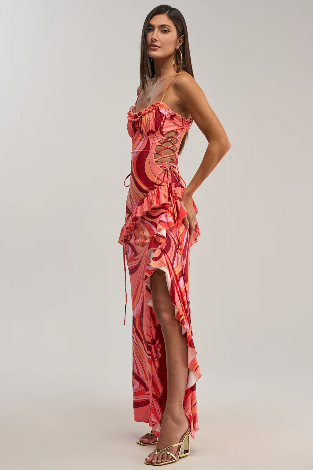 HANDLE WITH CARE ABSTRACT MIDI DRESS IN ORANGE - Image 4