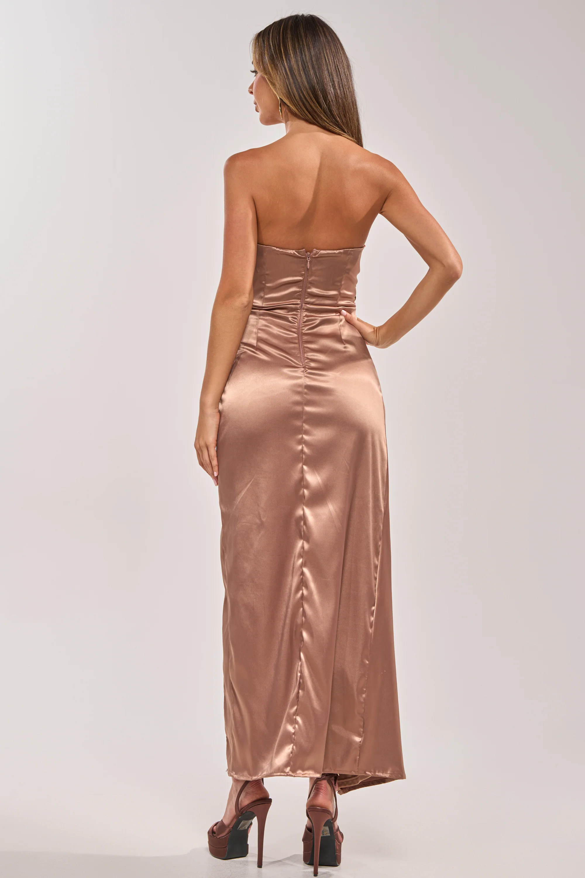 HAVING A BALL SATIN MAXI DRESS IN BROWN - Image 5