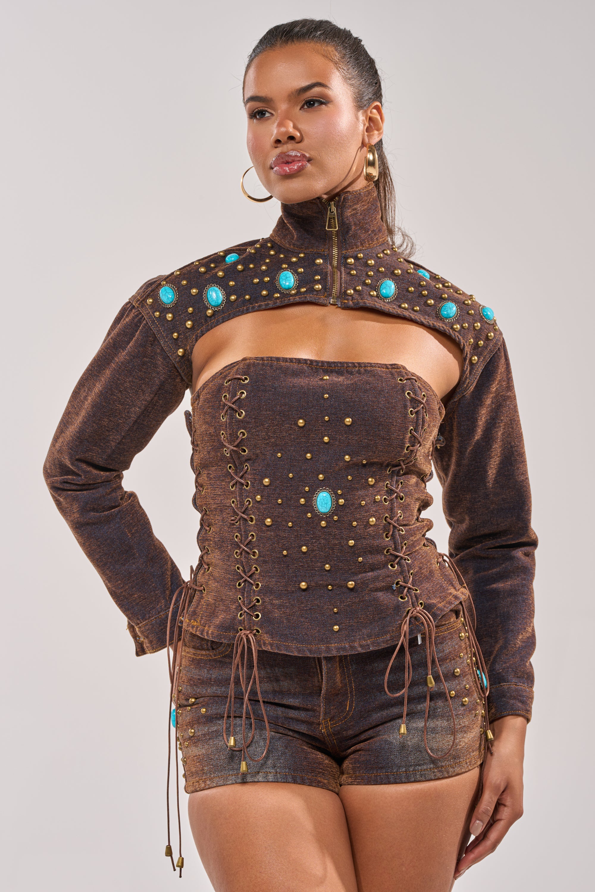 INDIGO STUDDED DENIM BOLERO - Image 3