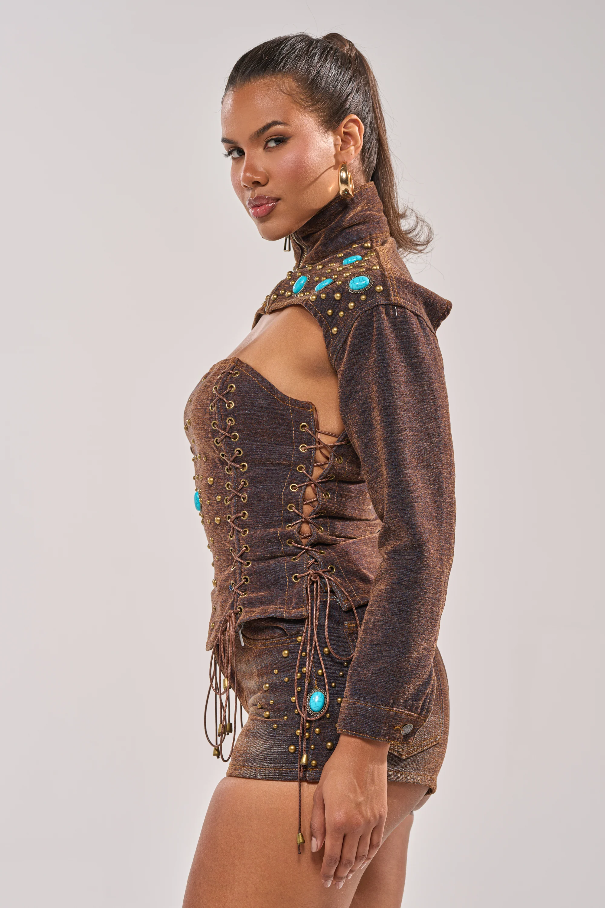 INDIGO STUDDED DENIM BOLERO - Image 4