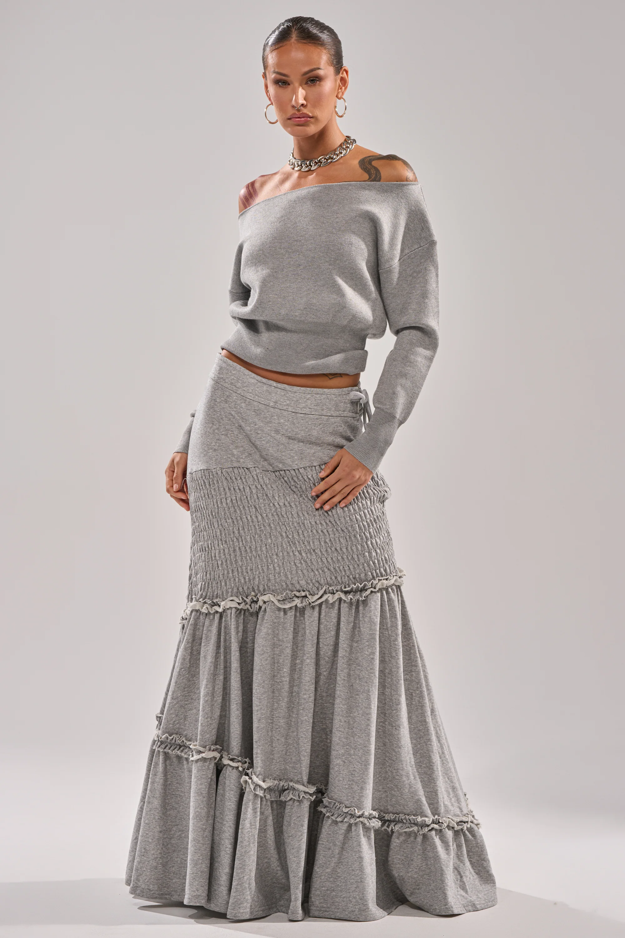 IT ONLY GETS BETTER RUCHED MAXI SKIRT IN HEATHER GREY - Image 2