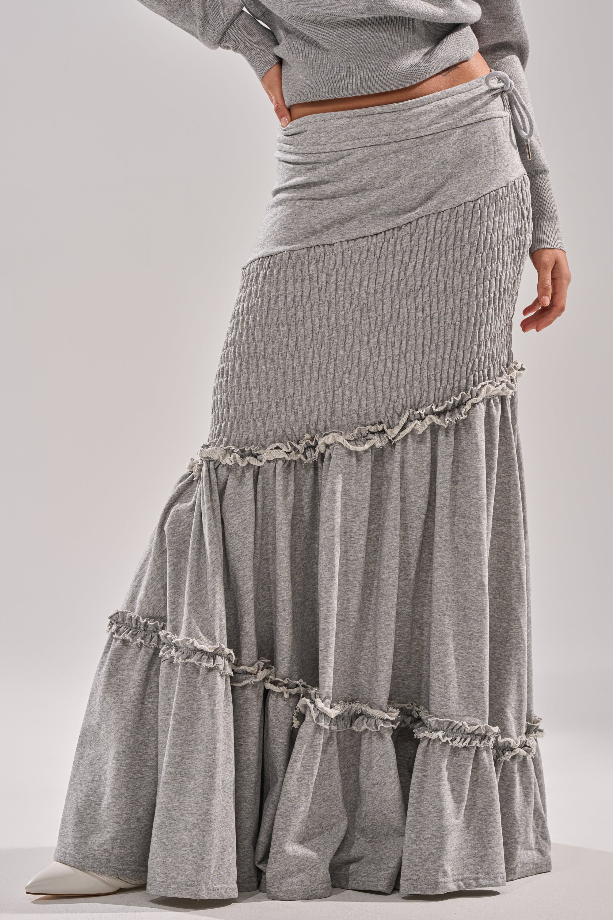 IT ONLY GETS BETTER RUCHED MAXI SKIRT IN HEATHER GREY - Image 3