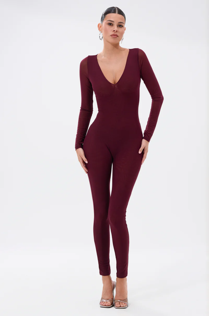 KEEPIN IT SIMPLE MESH JUMPSUIT IN BURGUNDY - Image 2