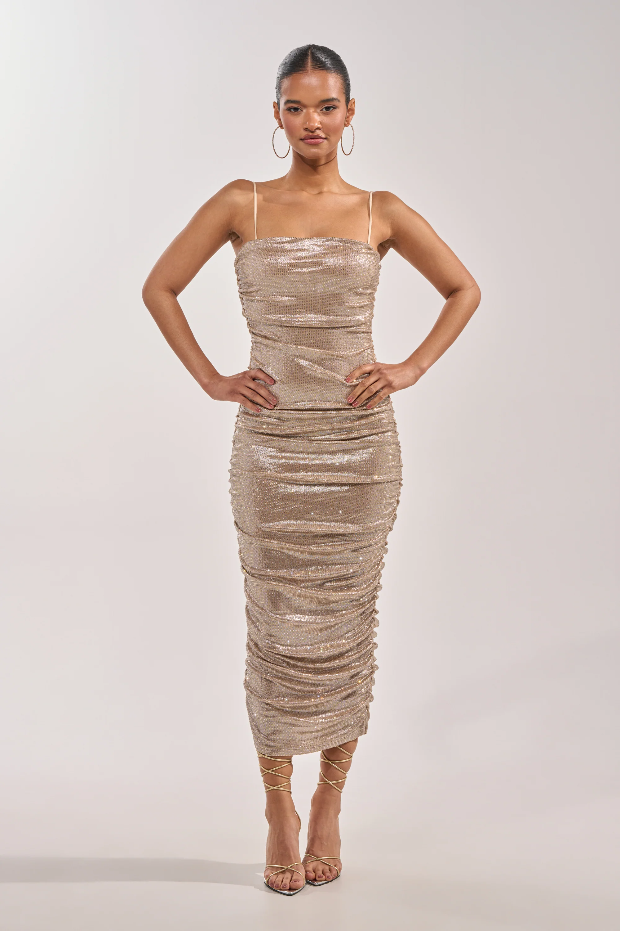 KILL THE LIGHTS STRAPLESS RHINESTONE MIDI DRESS IN CHAMPAGNE - Image 5