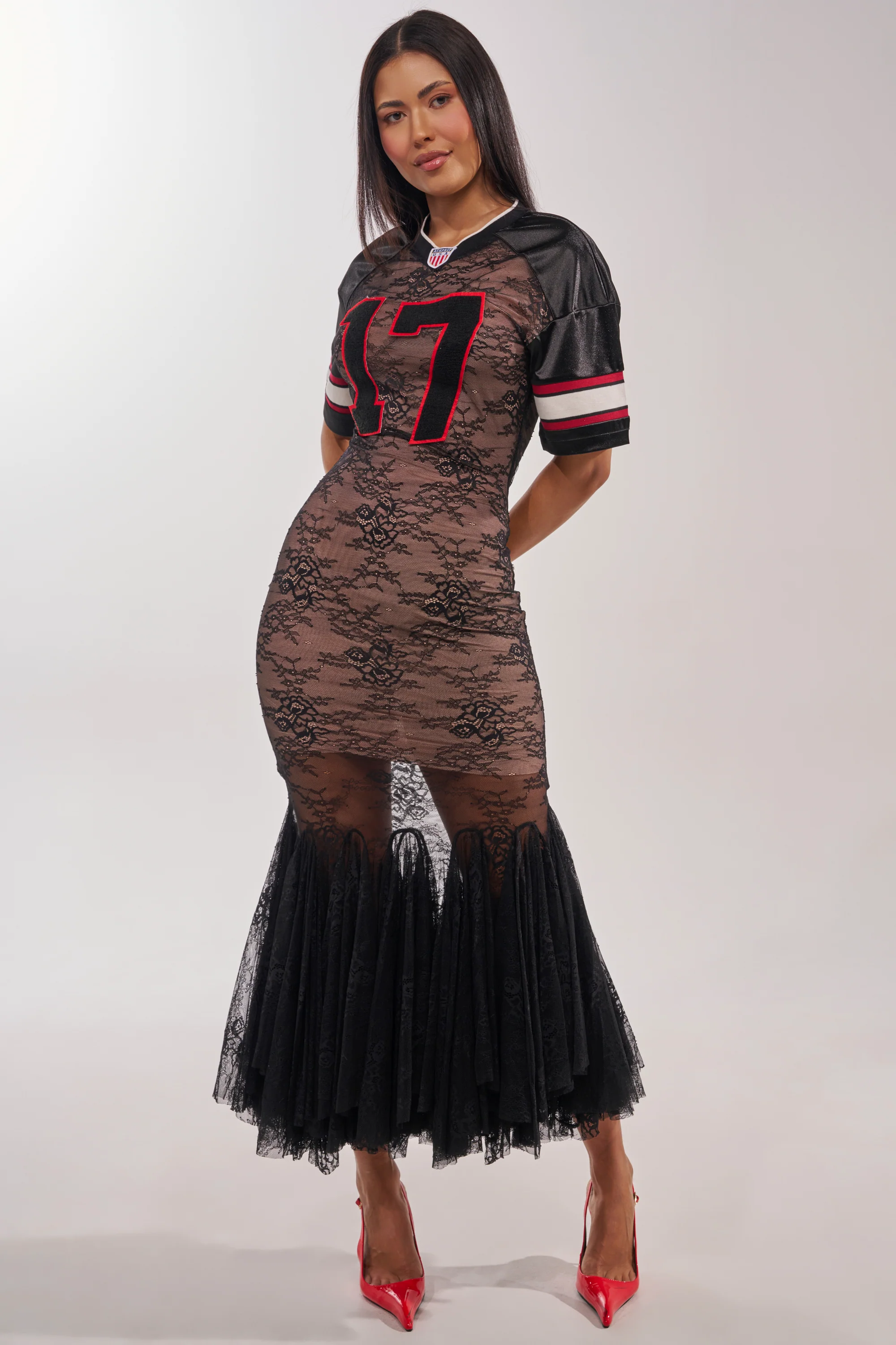 LAYUP LACE JERSEY MIDI DRESS IN BLACK