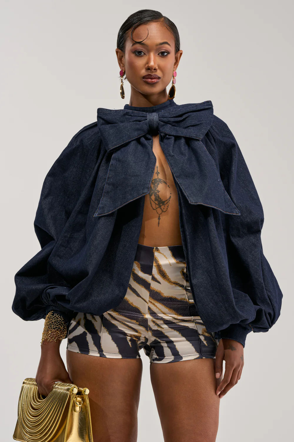 LEAH RUCHED DENIM MOCK NECK TOP IN DARK BLUE DENIM - Image 2