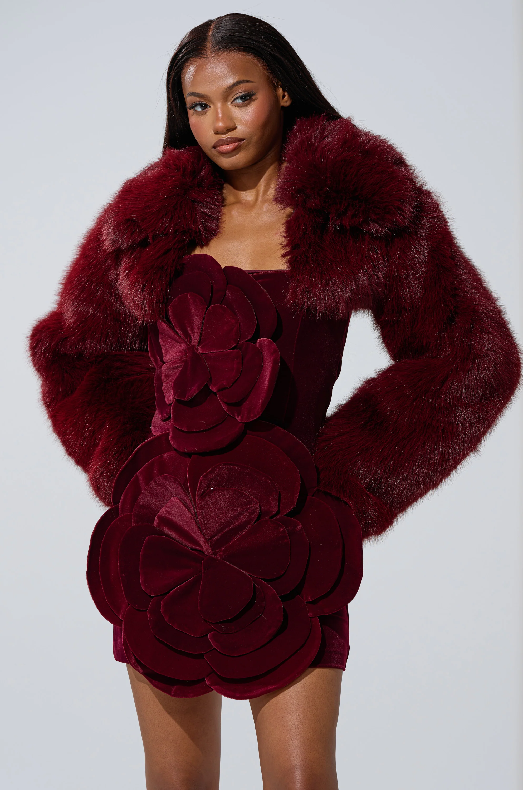 LEILA ULTRA CROP FAUX FUR IN BURGUNDY - Image 2