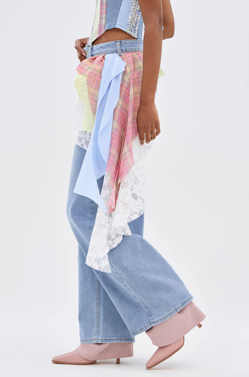 LET THE FUN BEGIN DENIM PANT WITH PLAID DETAILS - Image 4