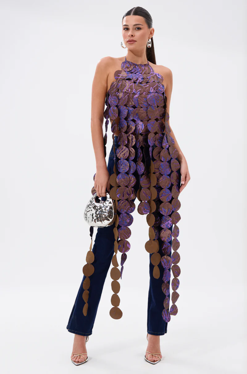 LIGHTS FLASHING BROCADE HALTER TIE NECK