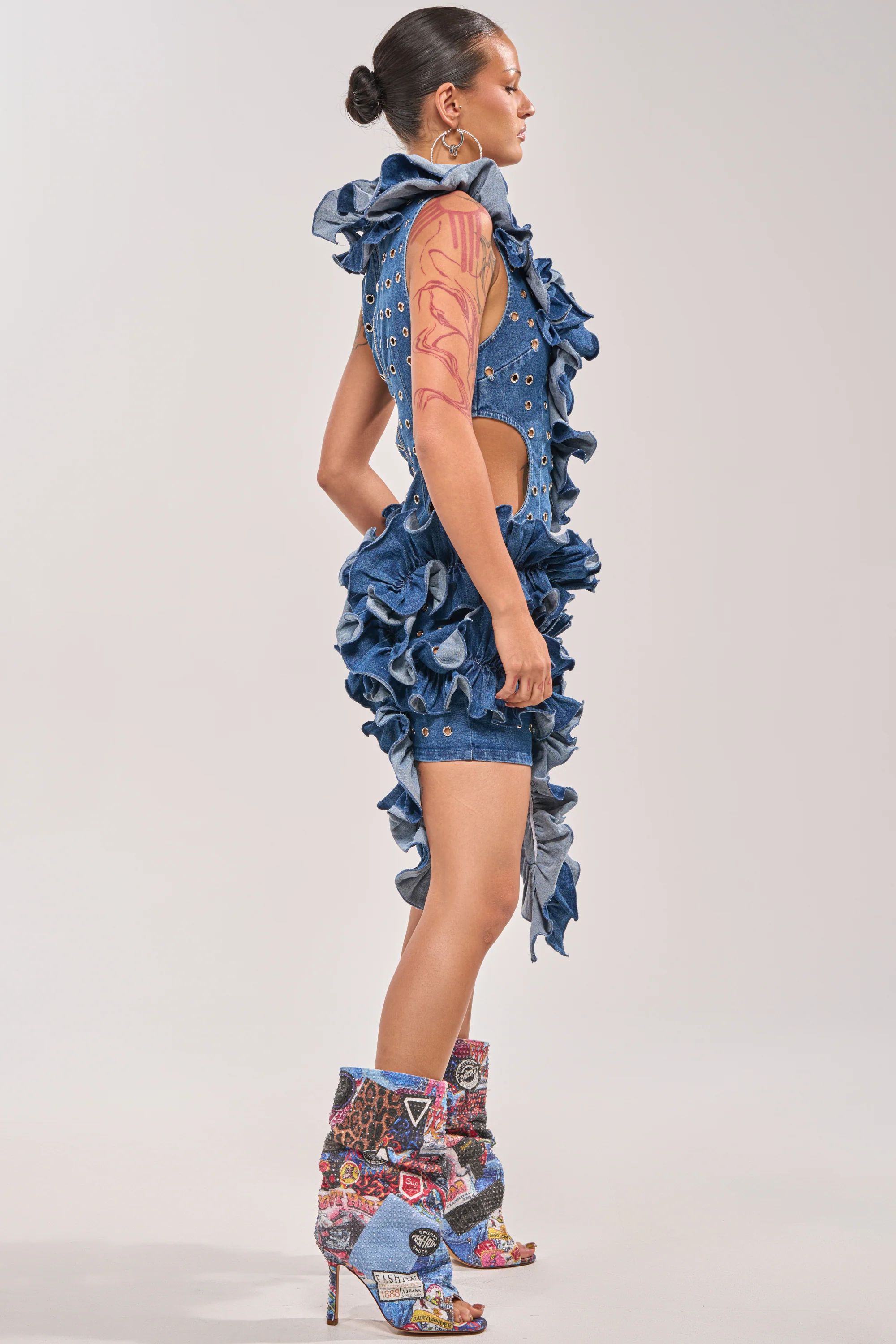 LINGERING EYES FLOCKED DENIM MINI DRESS - Image 3