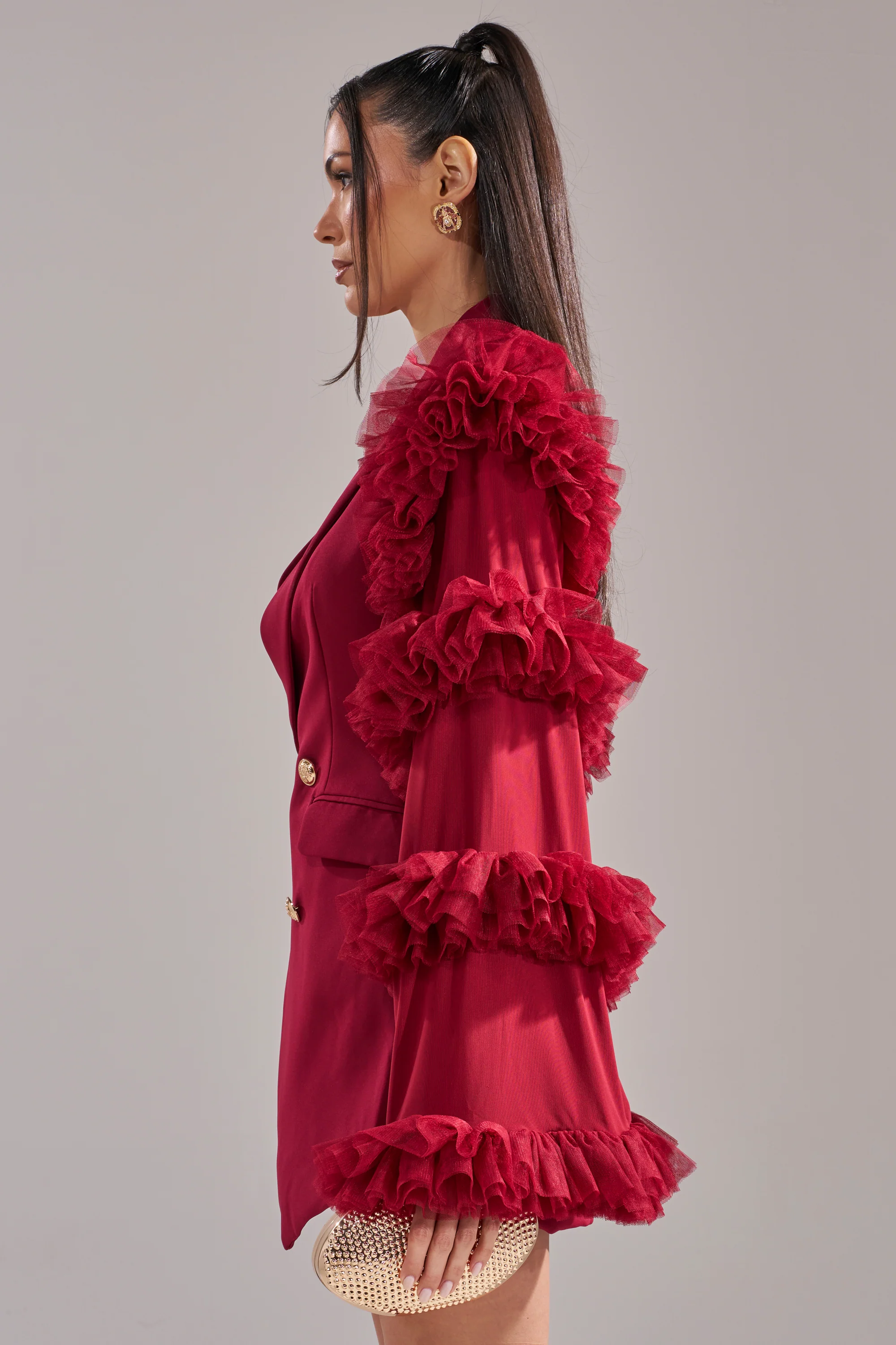 LIVING OVER THE TOP RUFFLE SLEEVE BLAZER MINI DRESS IN BURGUNDY - Image 4