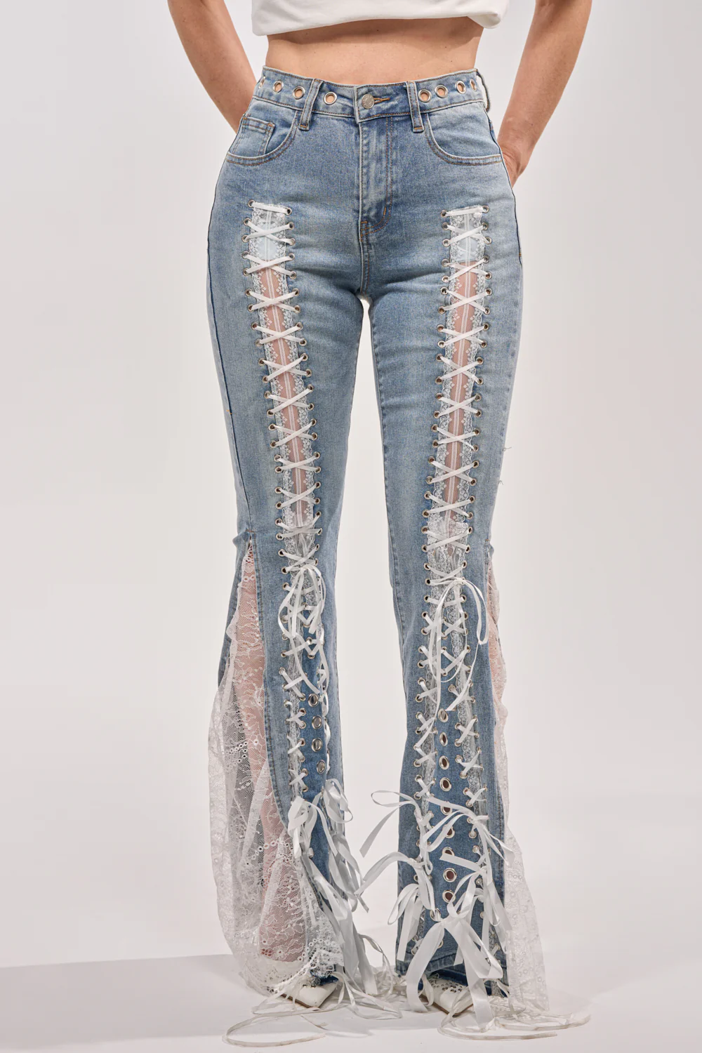 LOVE ME LIKE THAT LACE UP FLARE DENIM - Image 4