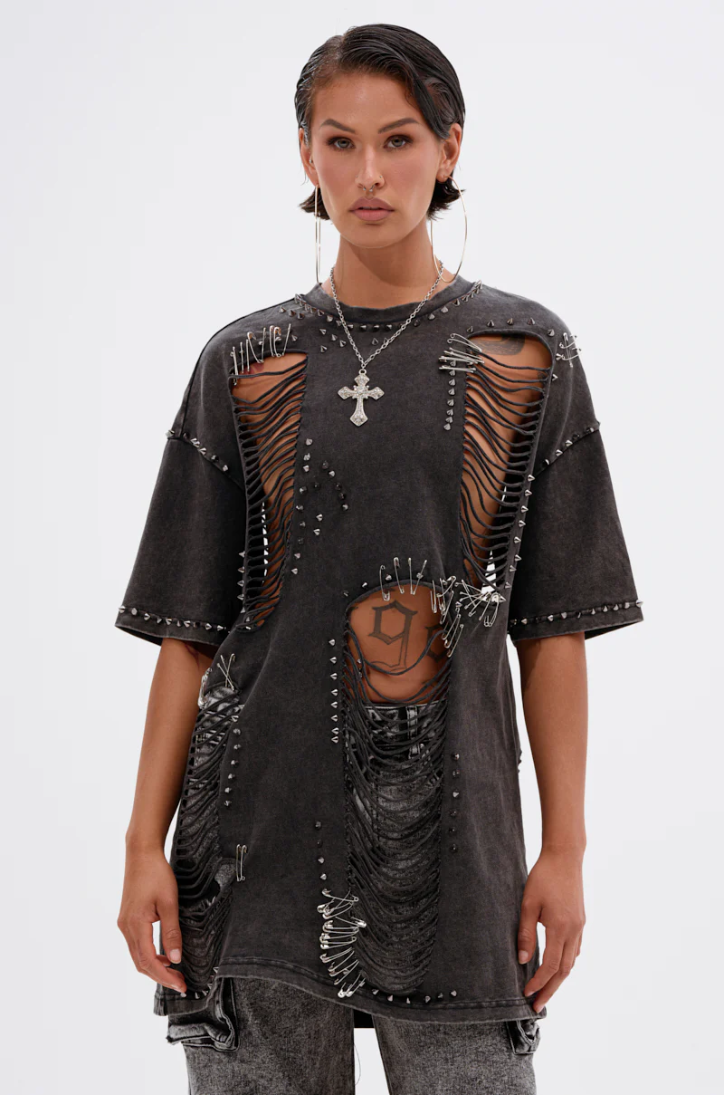 MARGOT DISTRESSED STUDDED SHORT SLEEVE TEE - Image 3