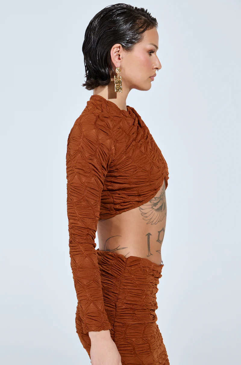 MAYBE NEXT TIME RUCHED LONG SLEEVE TOP IN BROWN - Image 3