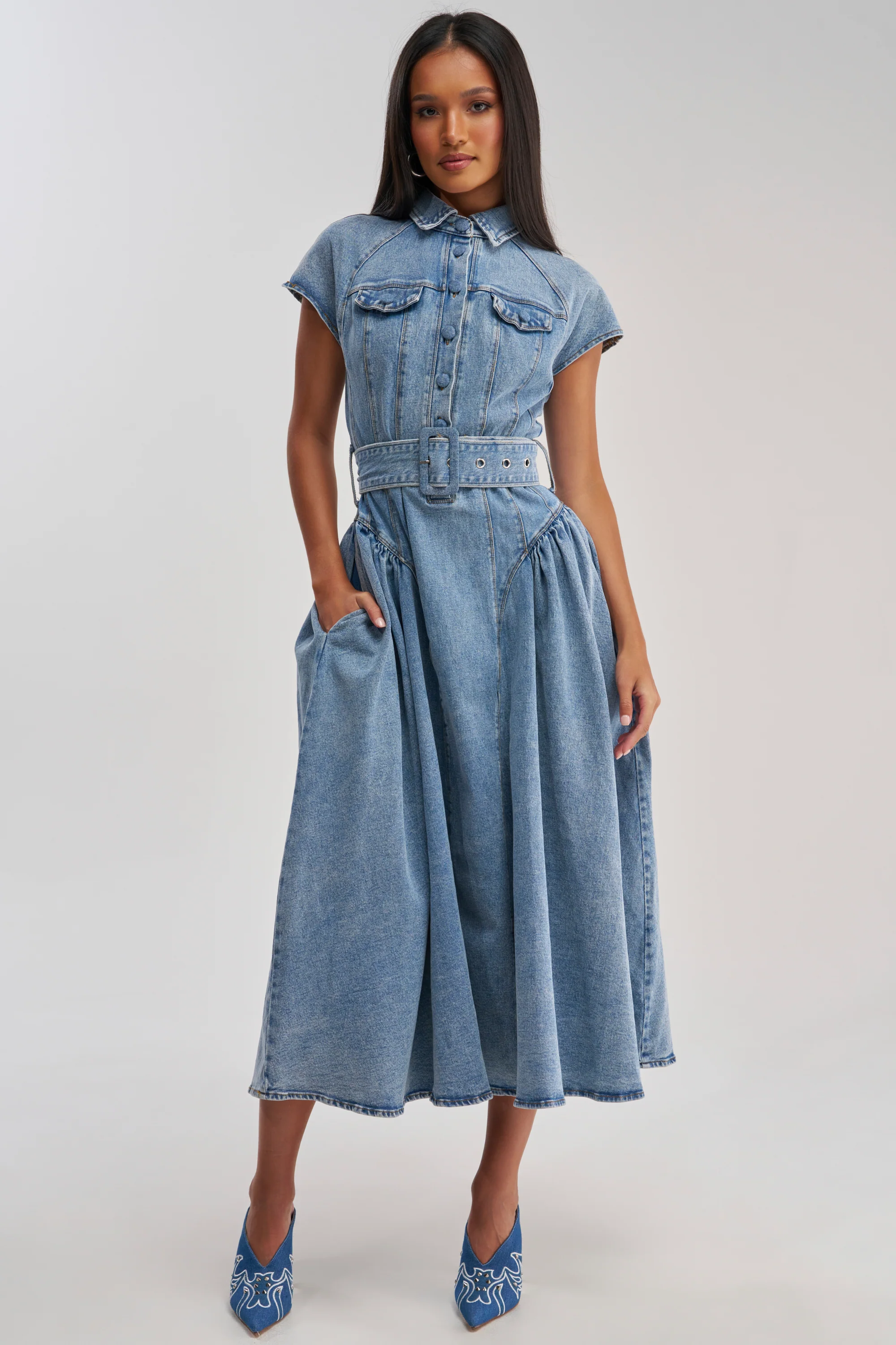 MEET THE PARENTS BELTED DENIM MIDI DRESS - Image 3