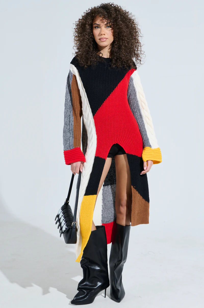 MIXED PATTERN LONG SLEEVE SWEATER DRESS - Image 2