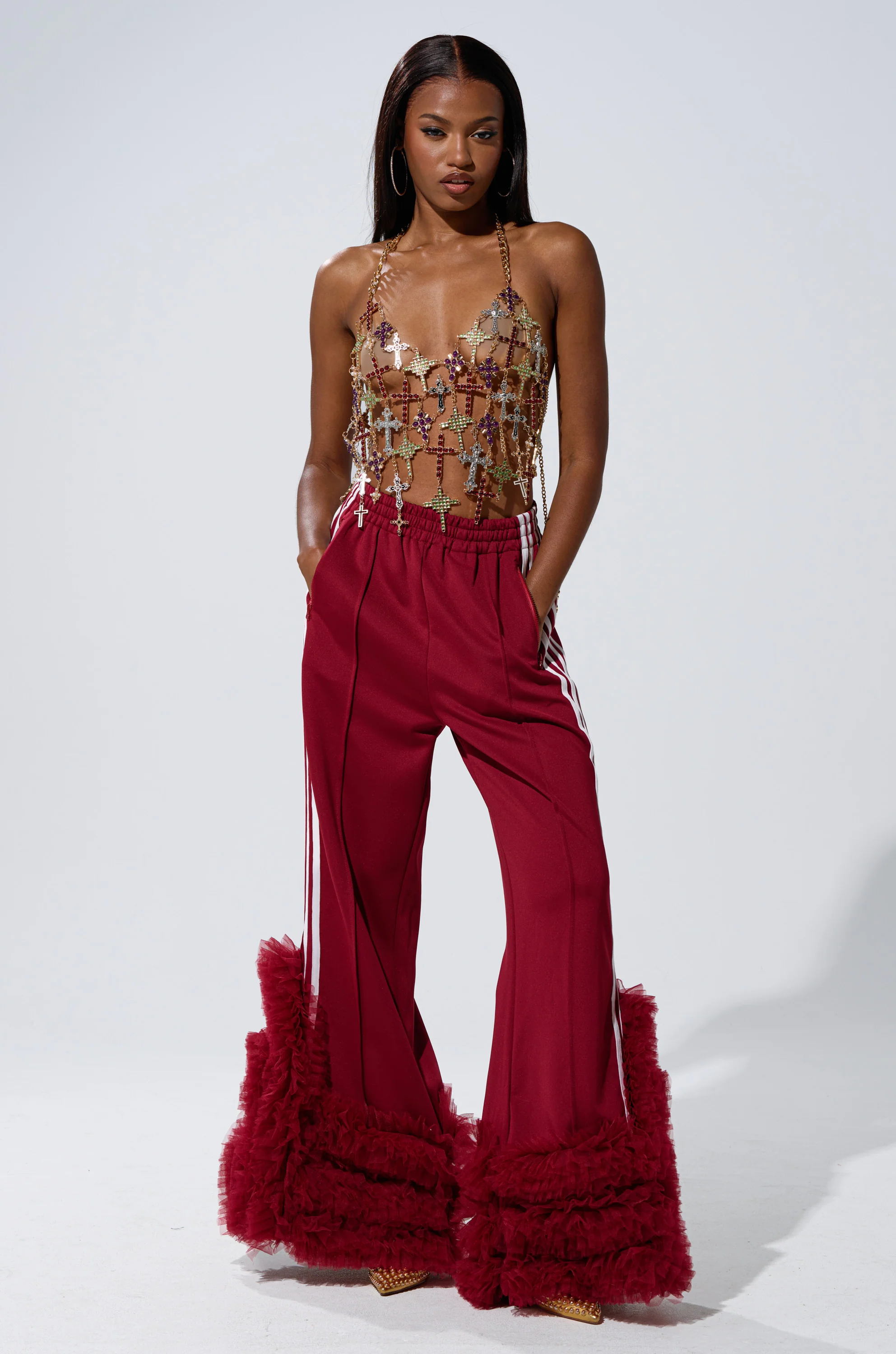 MODERN JAM TRACK PANT WITH TULLE IN BURGUNDY - Image 7