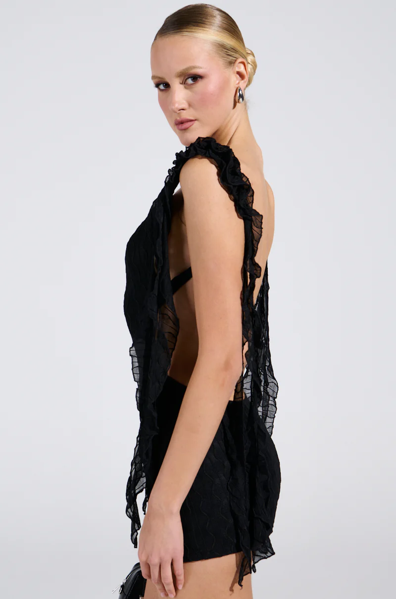 NEVER BASIC RUFFLED MESH MINI DRESS IN BLACK - Image 2