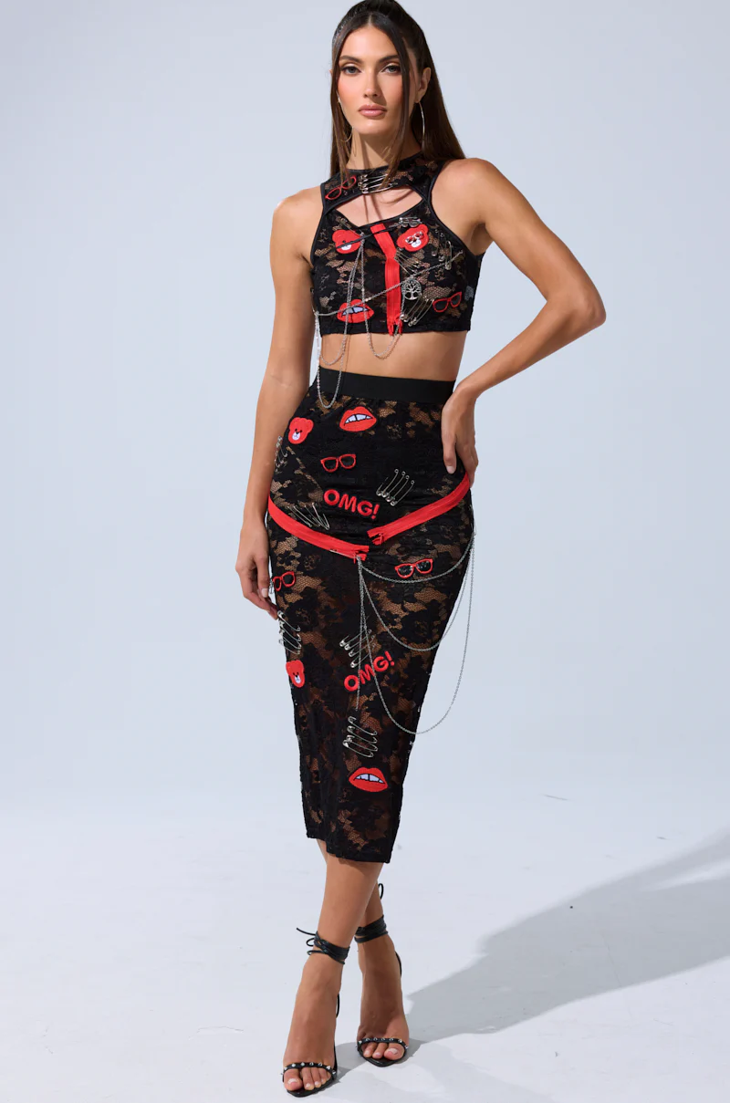 OMG LACE MAXI SKIRT WITH EMBELLISHMENTS