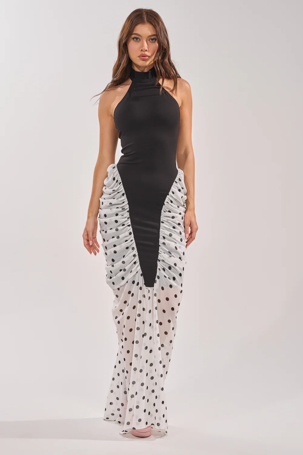 OUT FOR THE NIGHT MOCK NECK MAXI DRESS IN POLKA DOT - Image 4