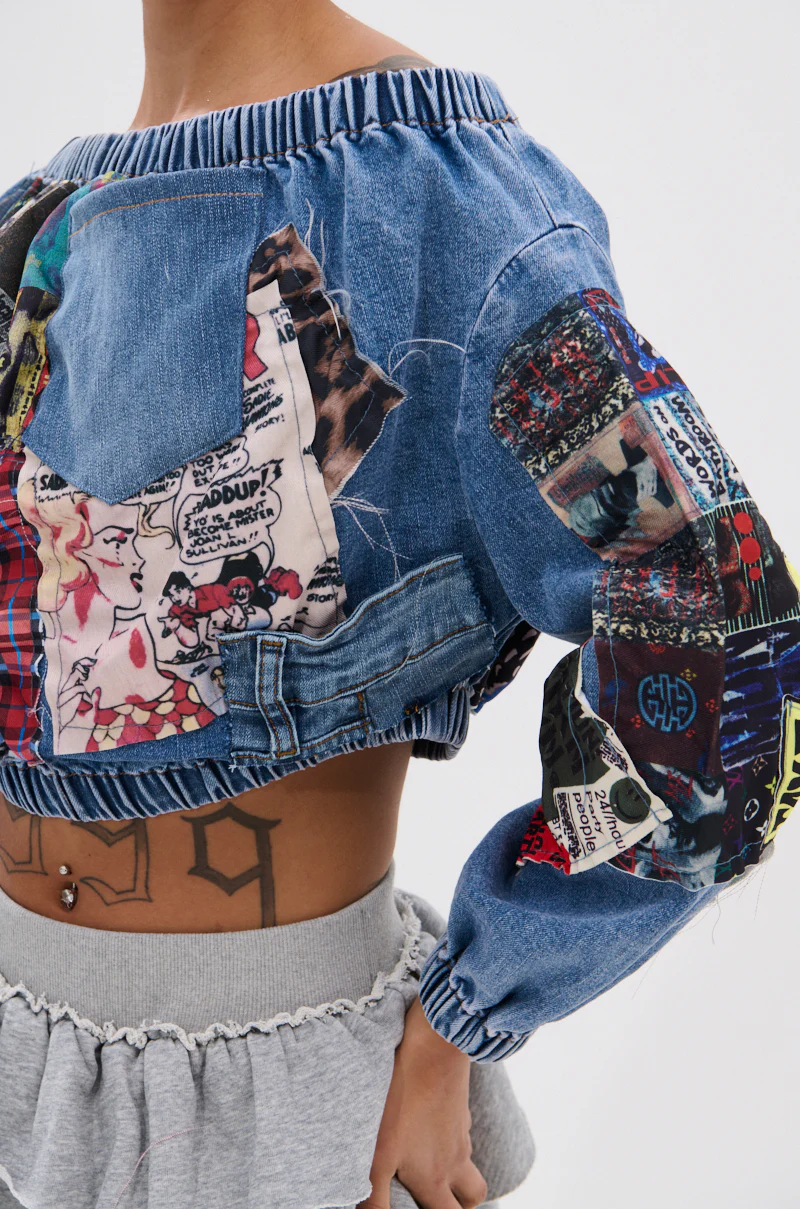 PATCHWORK DENIM OFF THE SHOULDER TOP - Image 8
