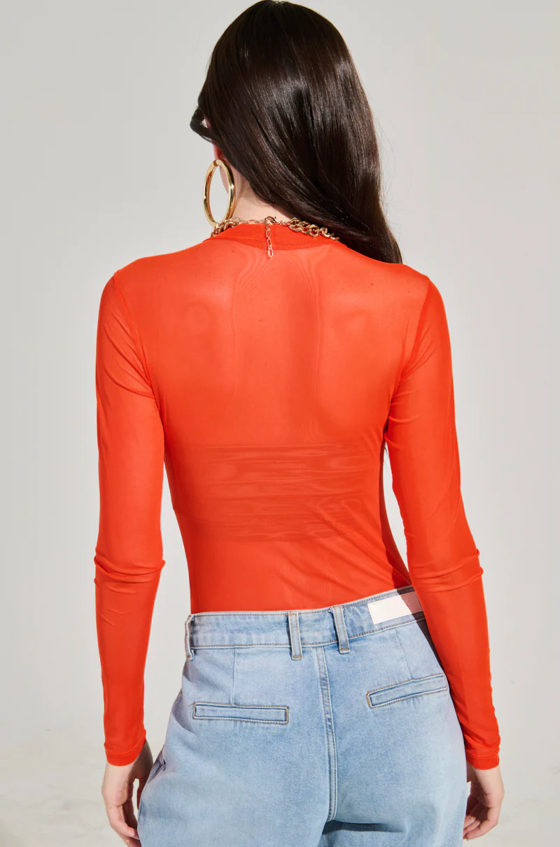 PAXTON MESH LONG SLEEVE CREW NECK BODYSUIT IN ORANGE - Image 5