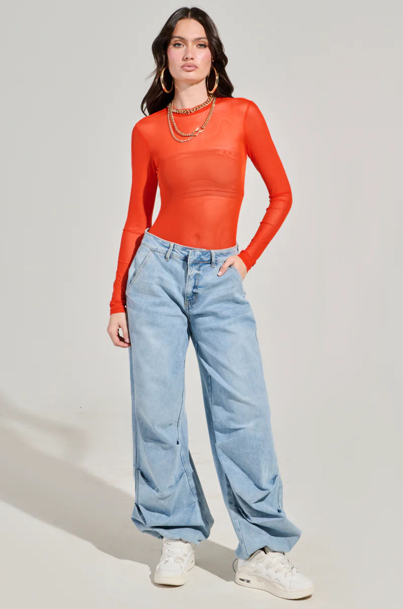 PAXTON MESH LONG SLEEVE CREW NECK BODYSUIT IN ORANGE - Image 7