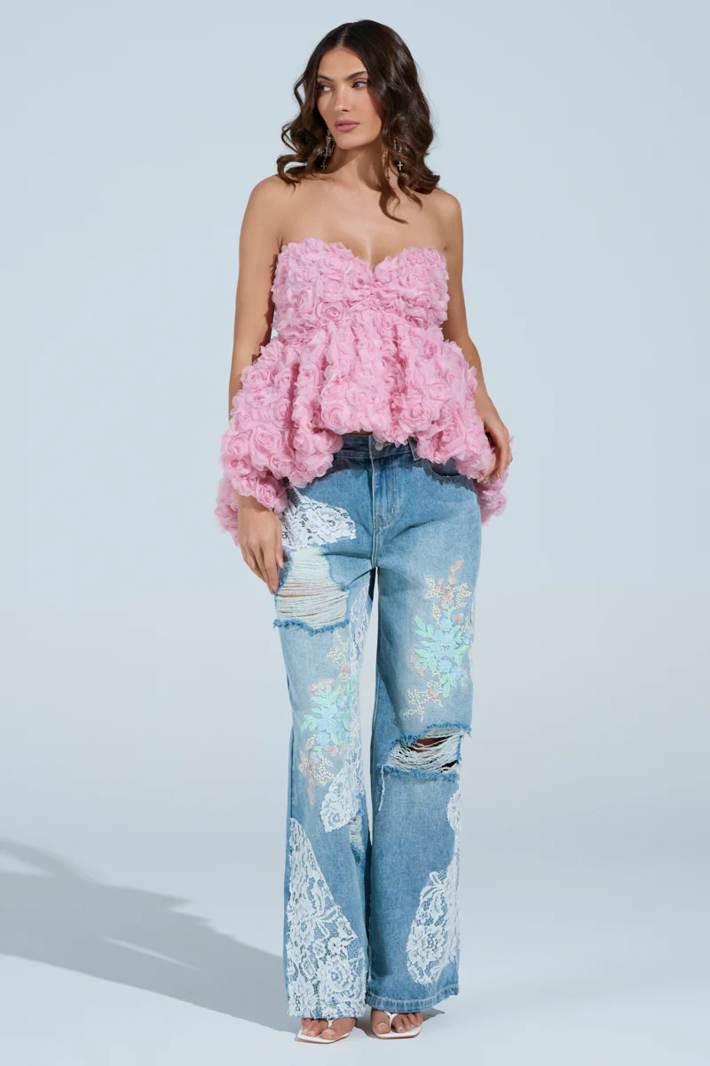 PICKING PETALS FLORAL AND LACE DETAIL DENIM PANTS - Image 11