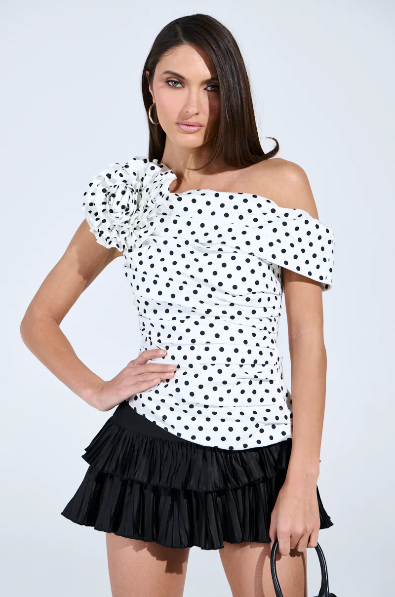 RUCHED POLKA DOT OFF THE SHOULDER TOP - Image 6