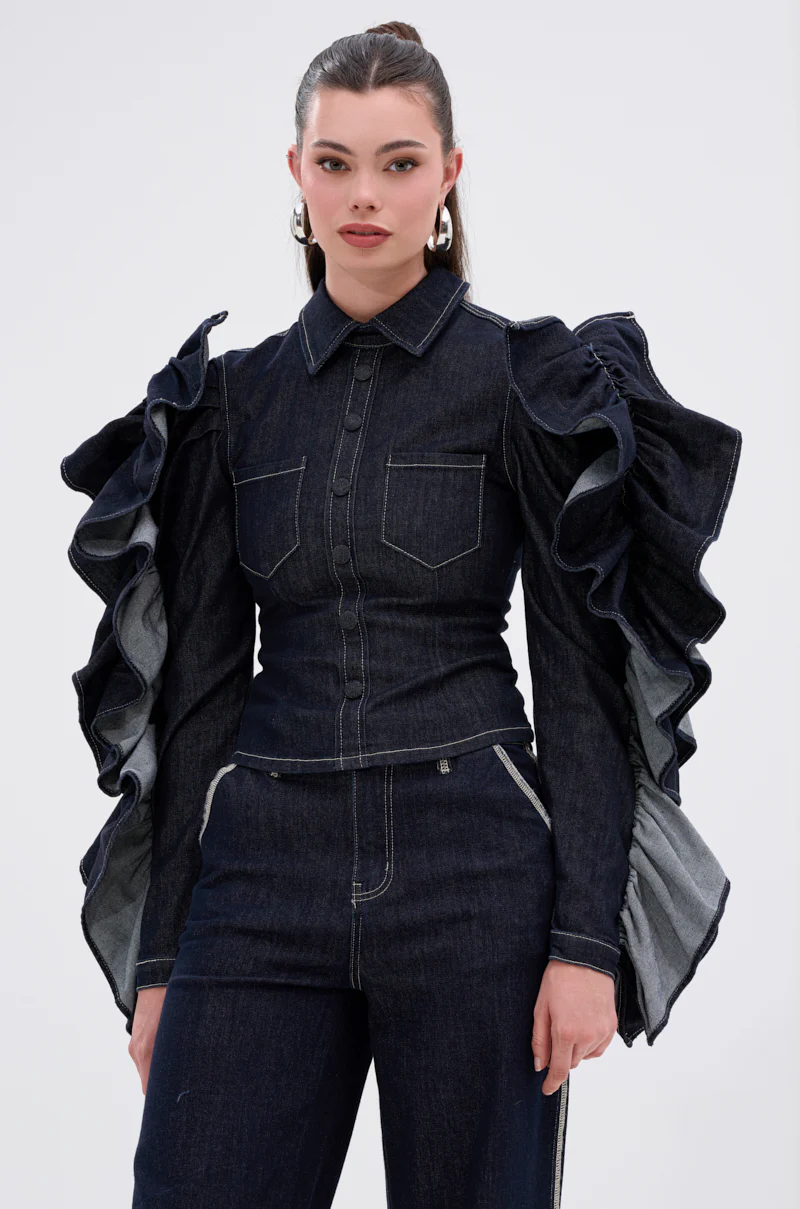RUFFLED UP LONG SLEEVE DENIM TOP - Image 2