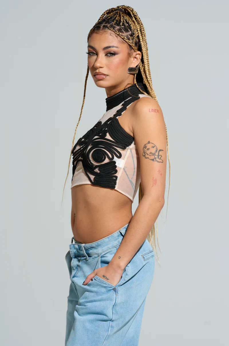 SATURN RINGS HIGH NECK MESH UNDERLAY BLOUSE IN BLACK - Image 3