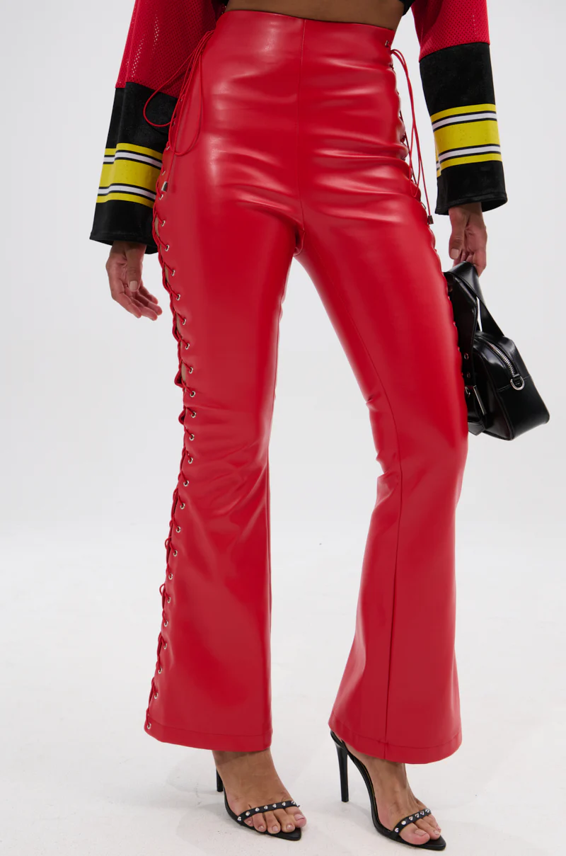 SEXY FAUX LEATHER RED LACE-UP PANTS - Image 6