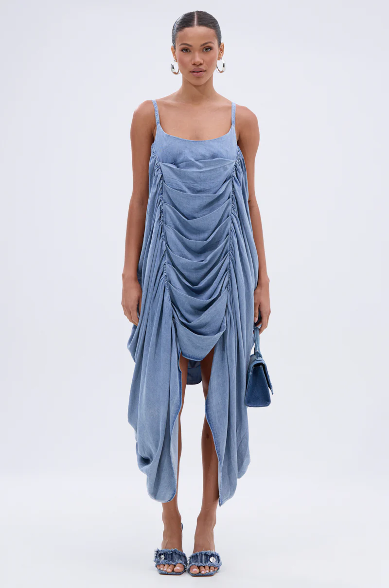 SMOOTH OPERATOR RUCHED MIDI DRESS IN DENIM - Image 2
