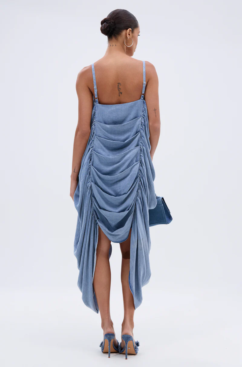 SMOOTH OPERATOR RUCHED MIDI DRESS IN DENIM - Image 4