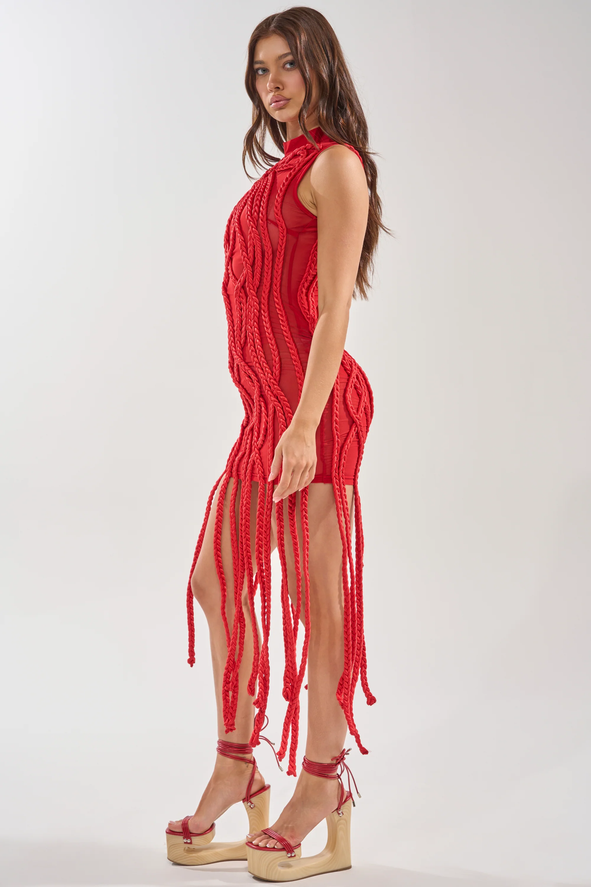 STUCK ON YOU BRAIDED MINI DRESS IN RED - Image 3