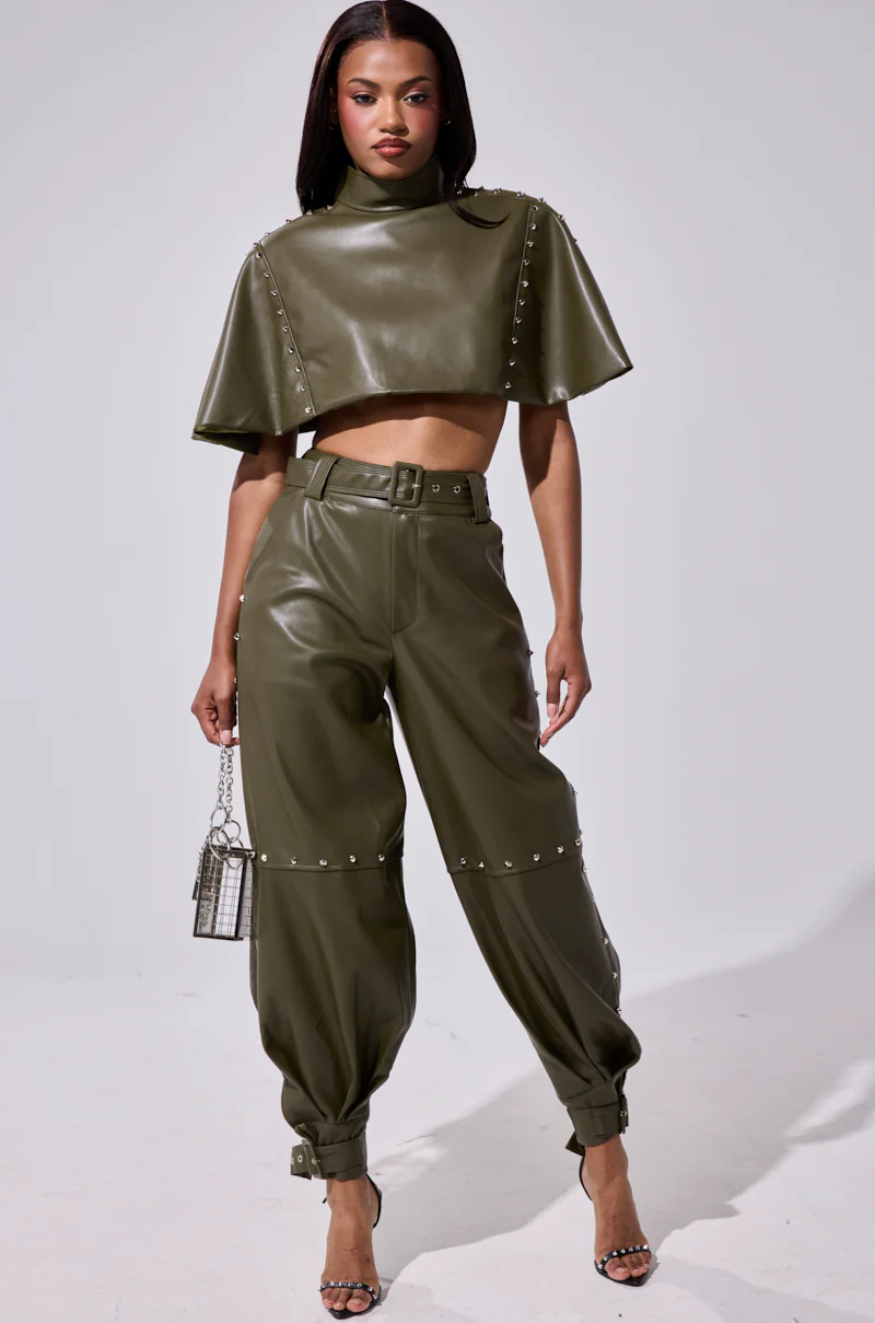 STUDDED FAUX LEATHER BELTED PANT