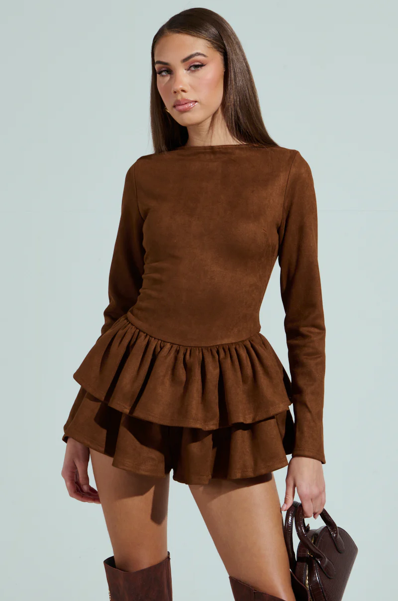 SUEDE RUFFLE LONG SLEEVE ROMPER - Image 2