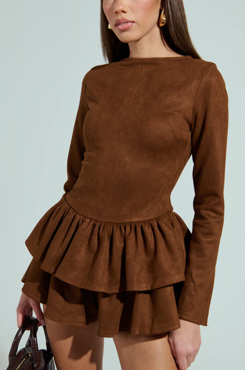 SUEDE RUFFLE LONG SLEEVE ROMPER - Image 7