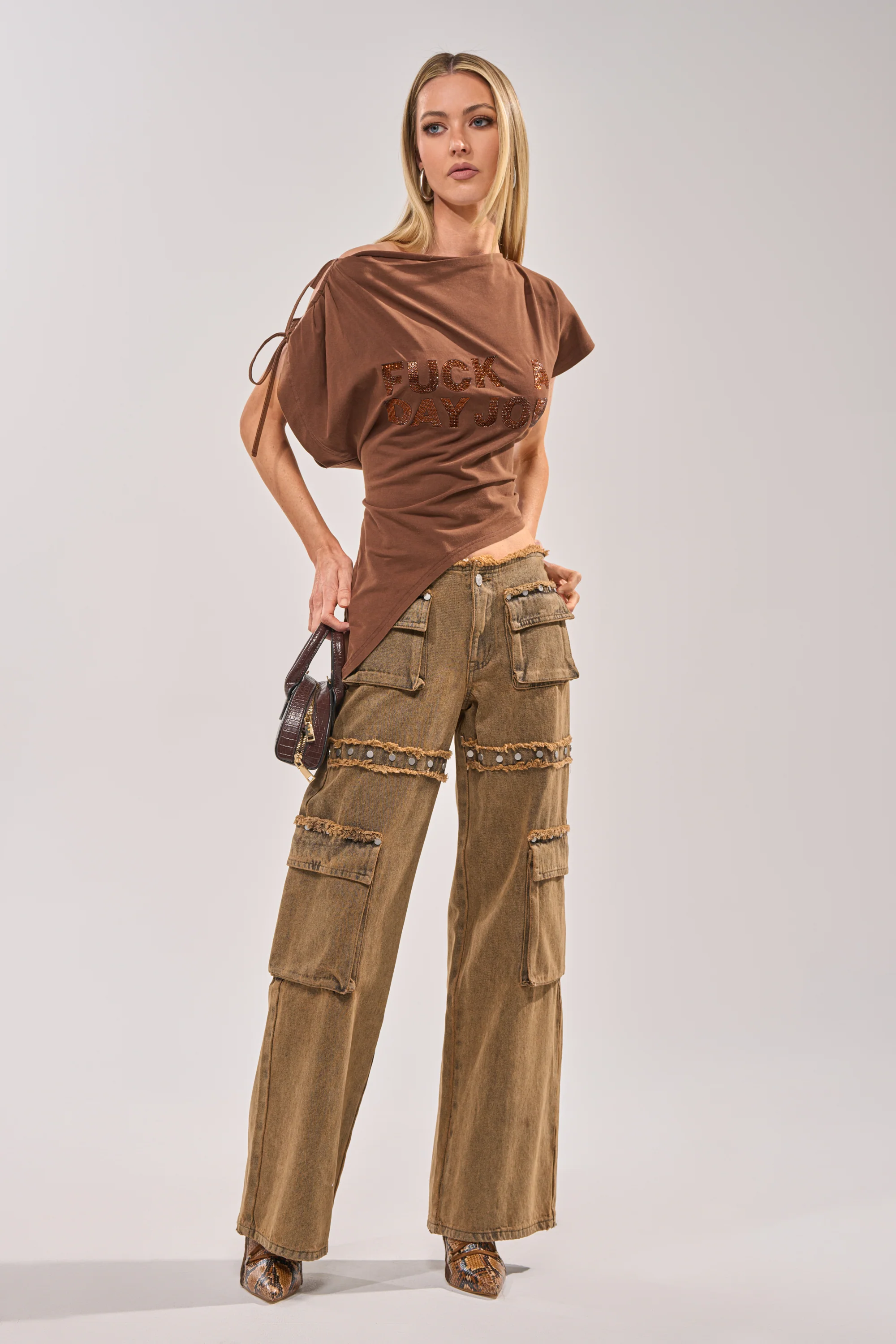 FCK A DAY JOB OFF THE SHOULDER BROWN TEE - Image 9