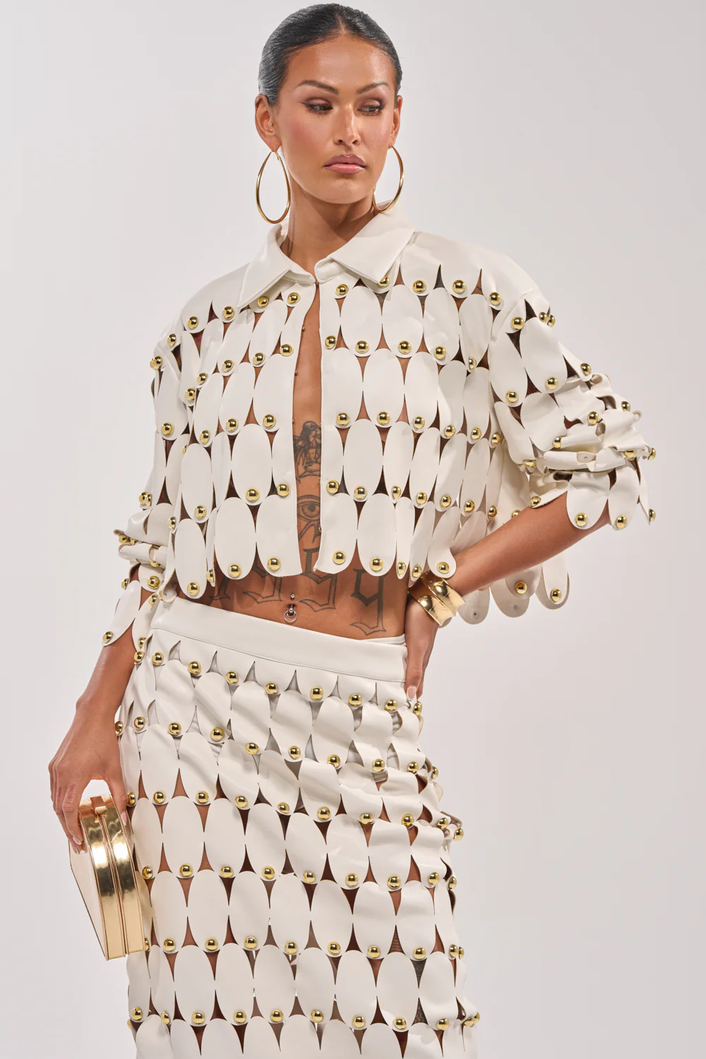THE SNEAK PEEK STUDDED PU CROP CARDIGAN IN WHITE - Image 2