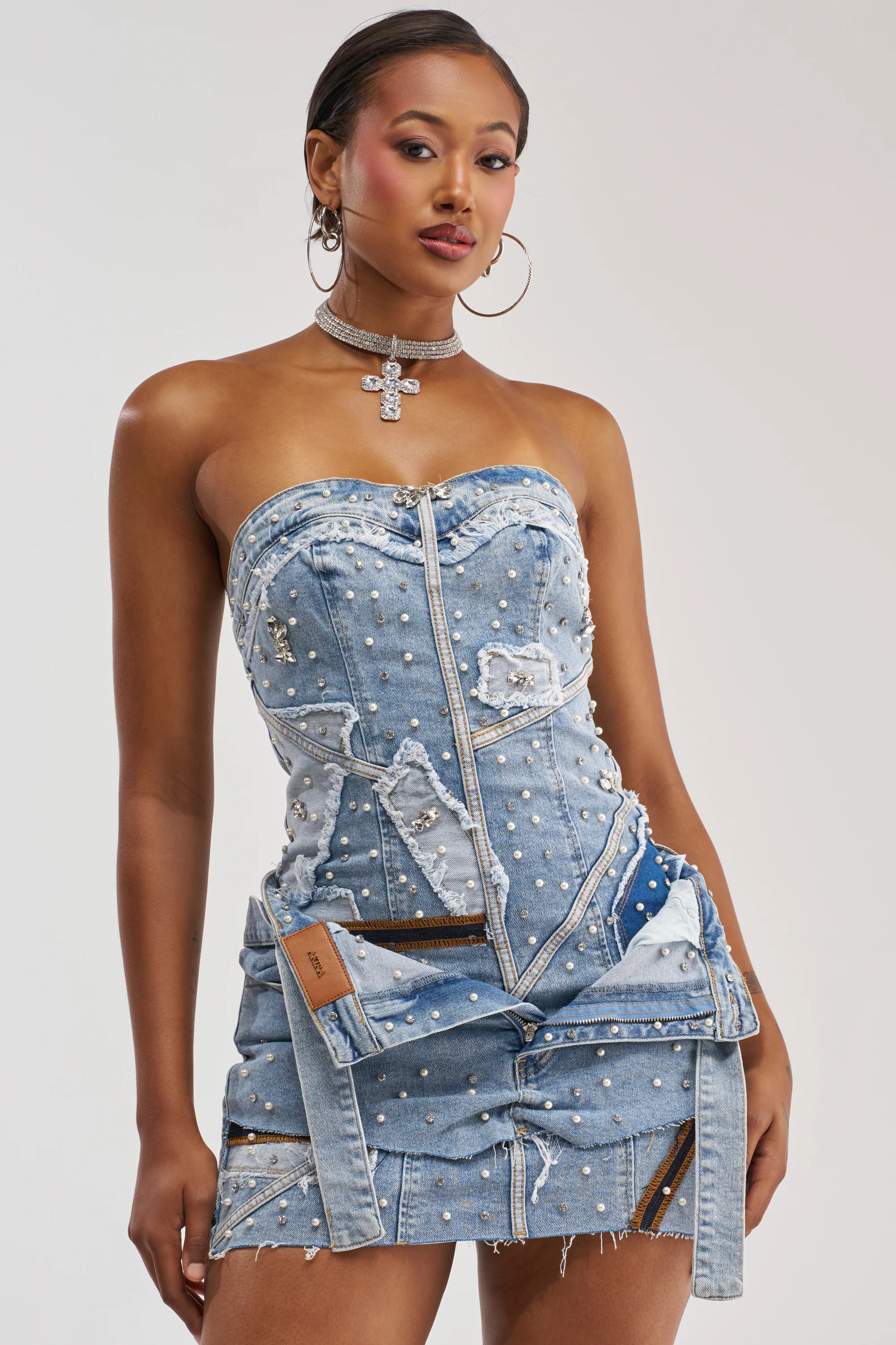 THIS IS MY CALLING EMBELLISHED DENIM MINI DRESS