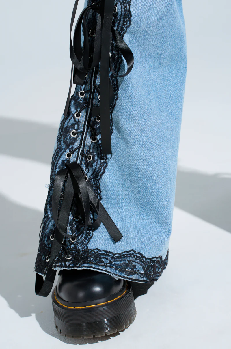 TICKED AND TIED LACE AND BOW DETAIL DENIM PANTS - Image 8