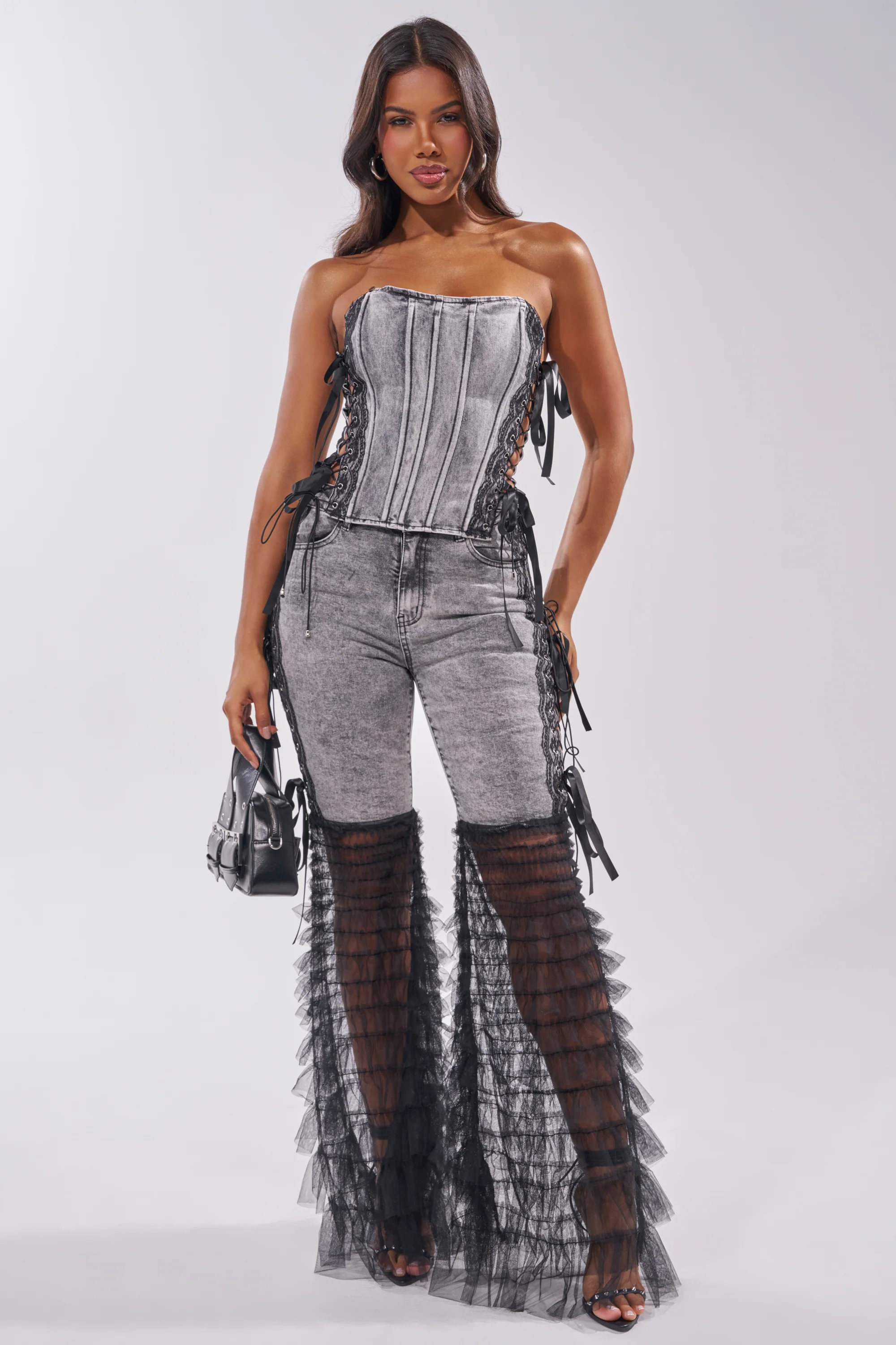 TICKED AND TIED LACE DETAIL FLARE DENIM - Image 6