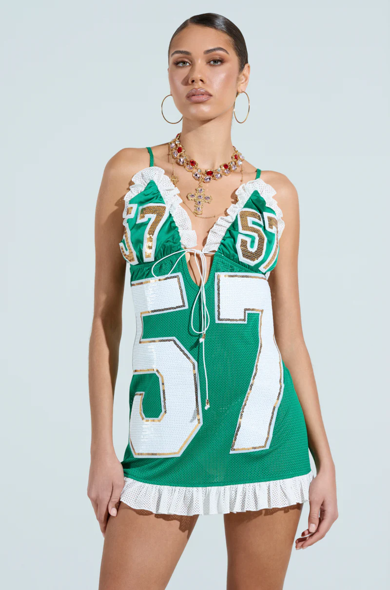 TOUCHDOWN SEQUIN JERSEY DRESS IN GREEN - Image 3