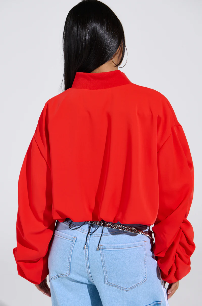 TREY RUCHED SLEEVE BOMBER IN RED - Image 6