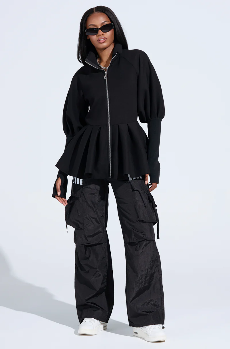 TWIN FLAME PEPLUM BOMBER IN BLACK - Image 7